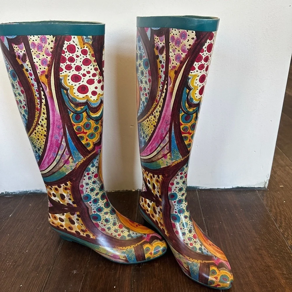 Rare Jeffery Campbell Colorful Watercolor Women's Rain Boot size 7